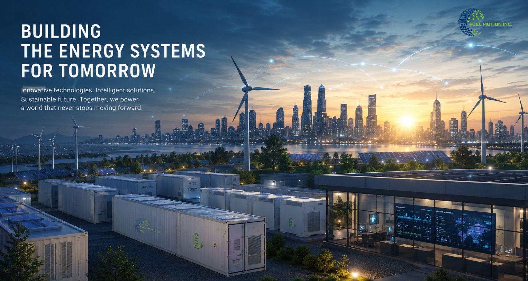 Fuel Motion Inc. large-scale battery energy storage deployment with a city skyline at dusk